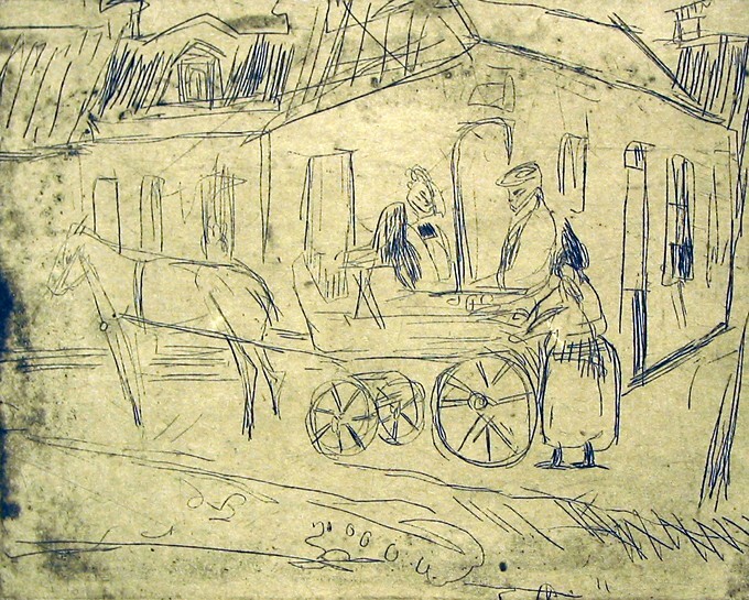 Stadstafereel met paard en wagen